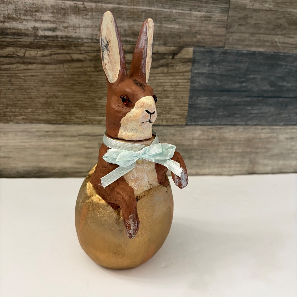 Vintage German papier-mâché Rabbit in Gold Egg Figurine Easter Bunny Decor Jar